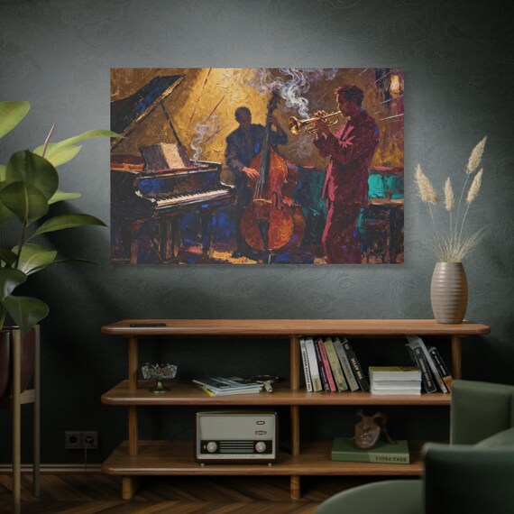 Canvas Print, Midnight Brass Jazz Art, Modern Wall Decor, Music Lovers Gift, Home Office Art, Unique Jazz Club Decor, Stretched Matte Canvas