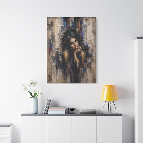 The Fragmented Muse, Portrait Canvas Print - Geometric Mosaic Wall Art - Drip Canvas Art - Blue and Beige Impasto Figure - Contemporary Art