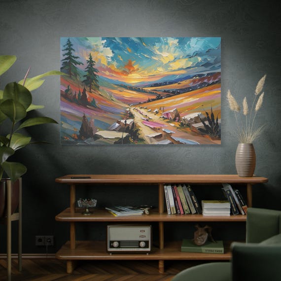 Colorful Sunset Landscape Canvas | Stretched Matte Wall Art, Modern Canvas Print, Landscape Art, Abstract Landscape.