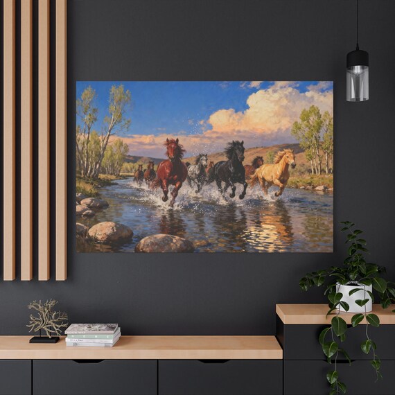 Thundering River Run, Blue Sky Wild Hearts, Majestic Horse Wall Art, Equestrian Home Decor, Wildlife Gift, Horse Lover's Gift, Gallery Wrap.