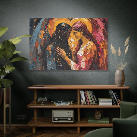 The Golden Synthesis, Art Print, Romantic Wall Decor, Love Story Art, Angel Couple, Home Decor Gift, Wedding Anniversary - Matte Canvas