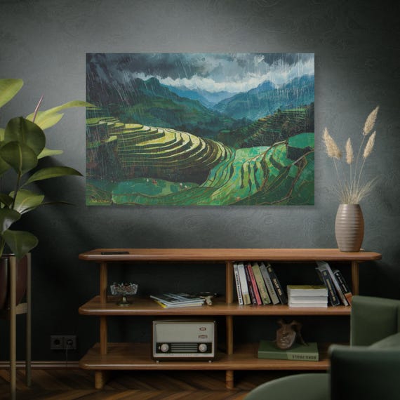 Monsoon Stairways, Serene Landscape Canvas Print, Greenery Art for Home Decor, Nature Wall Art, Gift for Nature Lovers, Rainy Day Aesthetic