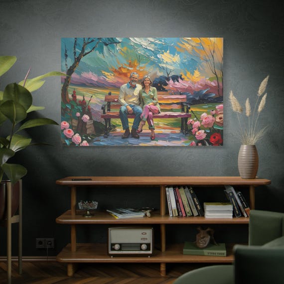 A Lifetime Together, Couple on Park Bench Painting Matte Canvas Print, Couple Art, Romantic Decor, Bench Canvas Print, Floral Wall Art.
