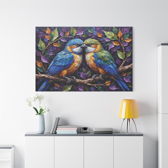 Colorful Love Birds Canvas Print - Vibrant Impasto Bird Art - Maximalist Wall Decor - Romantic Couple Gift - Faux Textured Nature Print