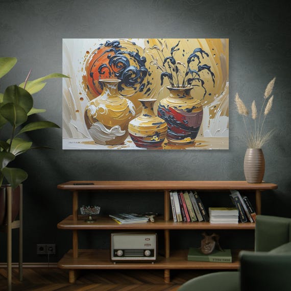 Ochre & Indigo Stillness, Abstract Ceramic Vases Matte Canvas Print, Modern Art Decor, Boho Artwork, Rustic Artwork, Vase Painting.