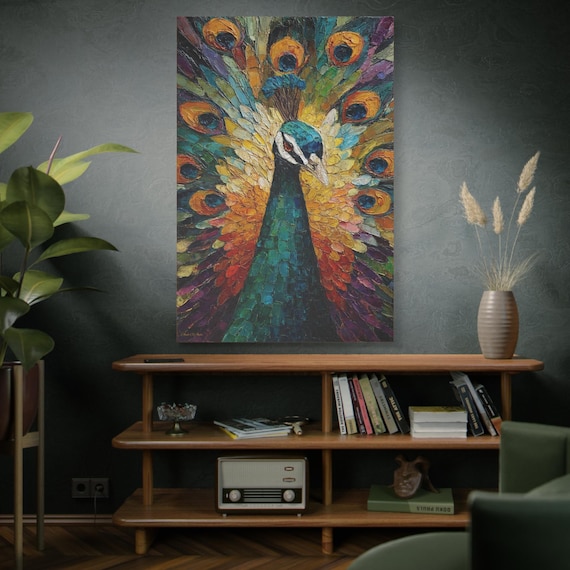 Peacock Canvas Print, Impasto Style, Colorful Nature Wall Decor