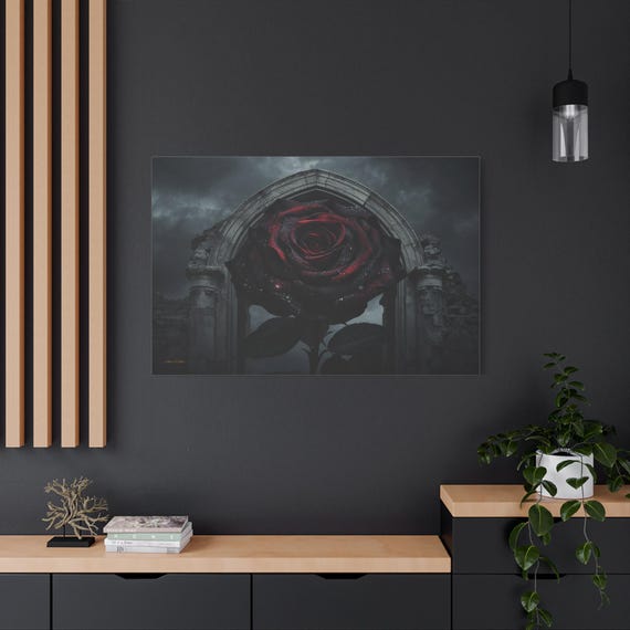 Dark Gothic Rose Canvas Print - Moody Floral Wall Art - Red Rose & Stone Archway - Dark Academia Decor - Romantic Goth Art - Fantasy Print