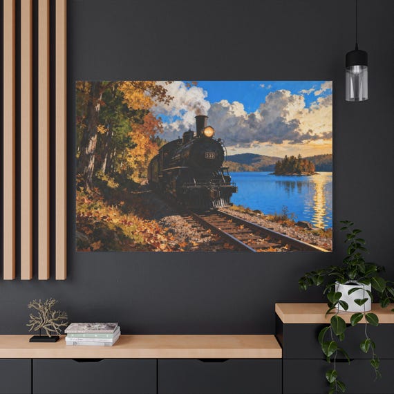 Vintage Train Canvas Print: Lakeside Steam Locomotive Wall Art