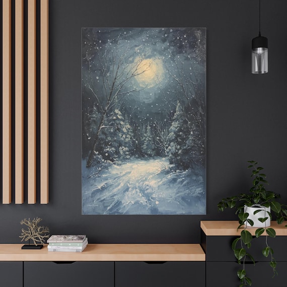 Silent Winter Glow, Moonlit Snowy Forest Canvas