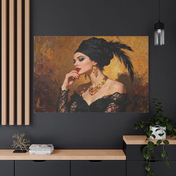 Vintage Glamour Portrait Canvas – Woman Red Lips Impasto Fashion Art