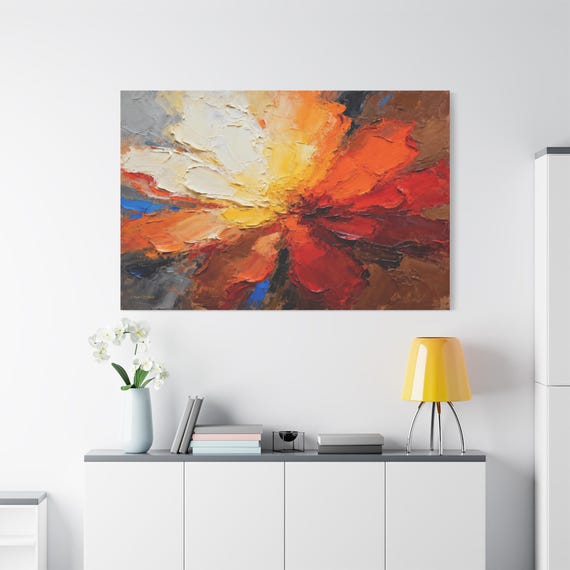Fiery Abstract Floral, Heavy Impasto Orange & Red Flower, Vibrant Contemporary Canvas Print.