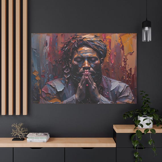 Tapestry of Devotion, Praying Man Portrait Canvas Print, Prayer Art, Boho Art, Meditation Decor, Contemplative Art.
