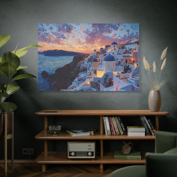 Santorini at Dusk, Sunset Canvas Art, Colorful Stretched Wall Decor for Home, Living Room, Office, Gift, Abstract Landscape