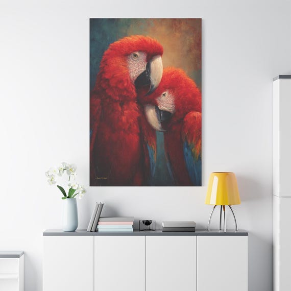 Red Macaw Canvas Print - Tropical Bird Wall Art - Impasto Parrot - Moody Tropical Decor - Vibrant Animal Portrait - Exotic Art