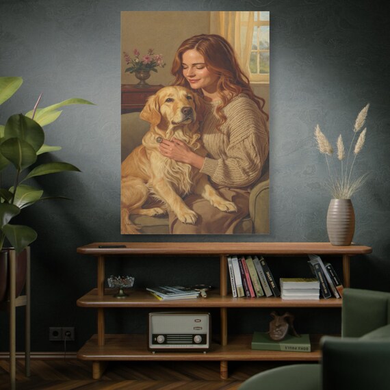 Golden Companion, Woman with Golden Retriever Canvas Print, Cozy Home Decor, Realistic Animal Art, Timeless Wall Art, Dog Lover Gift.