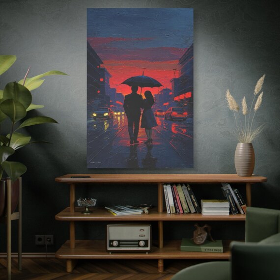 The Crimson Boulevard, Couple Under Umbrella Sunset Canvas Print, Rainy City, Urban Romance, Living Room Decor, Anniversary Gift.