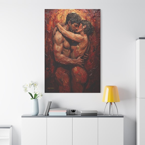 Fiery Lovers Embrace Canvas Print - Impasto Style Romantic Art