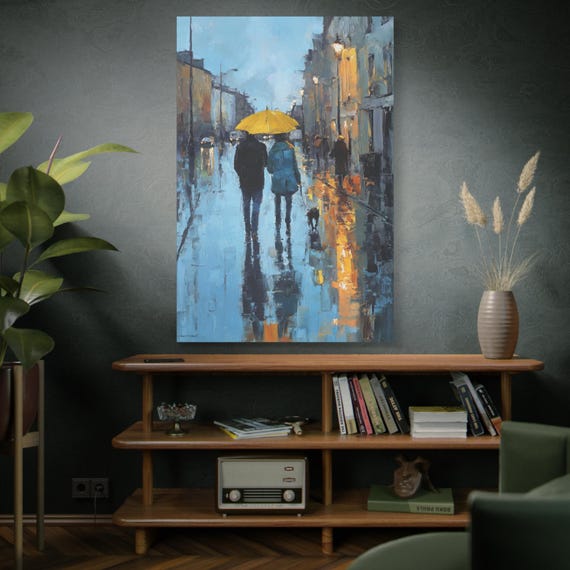 Two in the Rain, Canvas Print, Rainy Day Love Romantic Wall Art, Unique Home Decor, Gift for Anniversary, Housewarming Decor.
