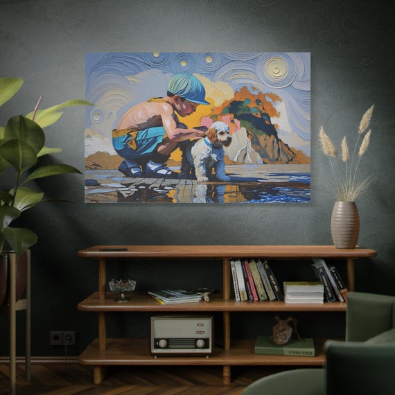 A Moment on the Shore, Boy with Puppy Beach Scene Canvas print, Child portrait, Nursery Canvas, Boy and Dog,  Pet Lover.