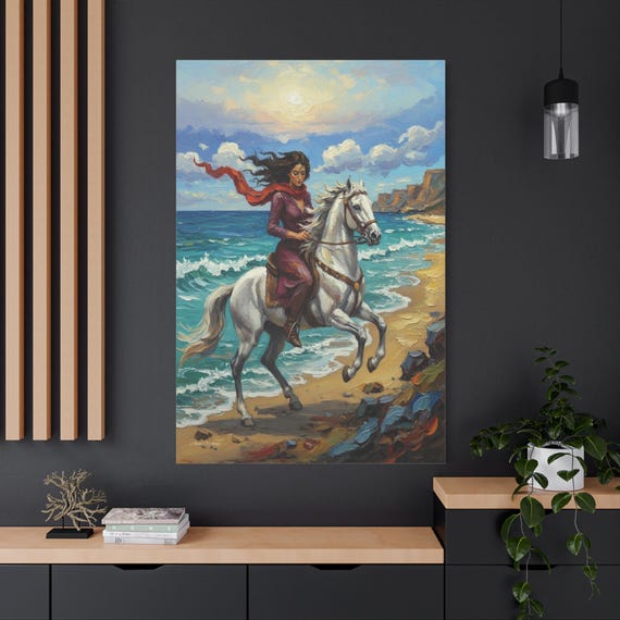 Woman Riding Horse Canvas - White Equestrian Wall Art - Impasto Beach Canvas - Coastal Ocean Decor - Wild and Free Print - Romantic Art