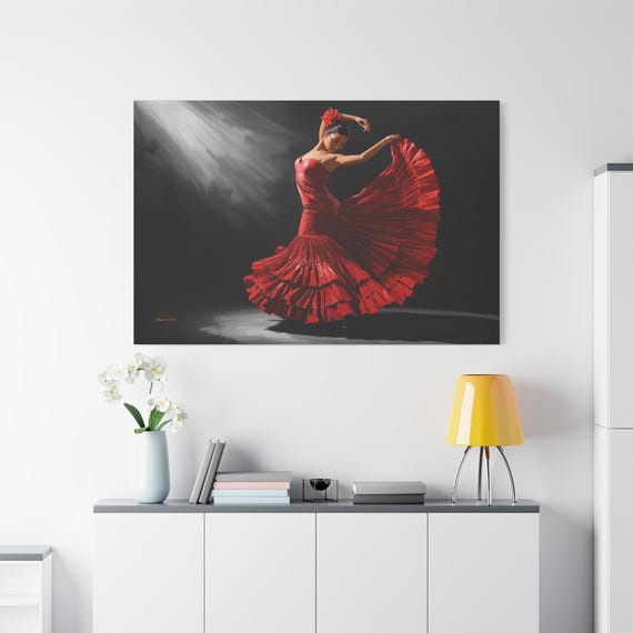 Flamenco Dancer in Spotlight Canvas Print, Elegant Spanish Wall Art, Lady in Red Painting,Dramatic Dance Studio Decor, Performing Arts Gift