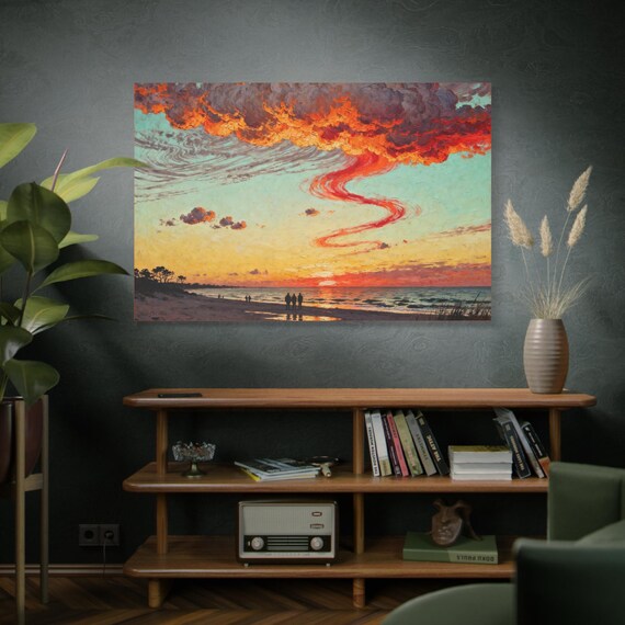 Canvas Art Print, Ember Horizon Beach Wall Decor, Coastal Home Decoration, Gifts for Ocean Lovers, Colorful Landscape Painting, Stretched