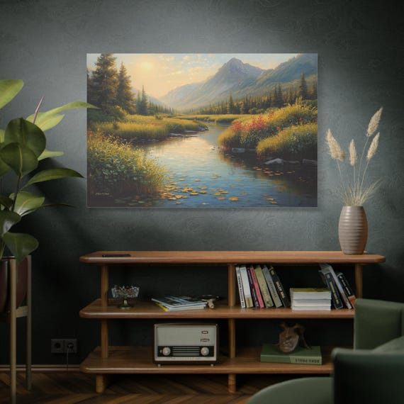 Golden Valley Retreat, Mountain River Landscape Matte Canvas, Stretched Wall Art, River Valley Scene, Classic Impressionism, Golden Meadow.