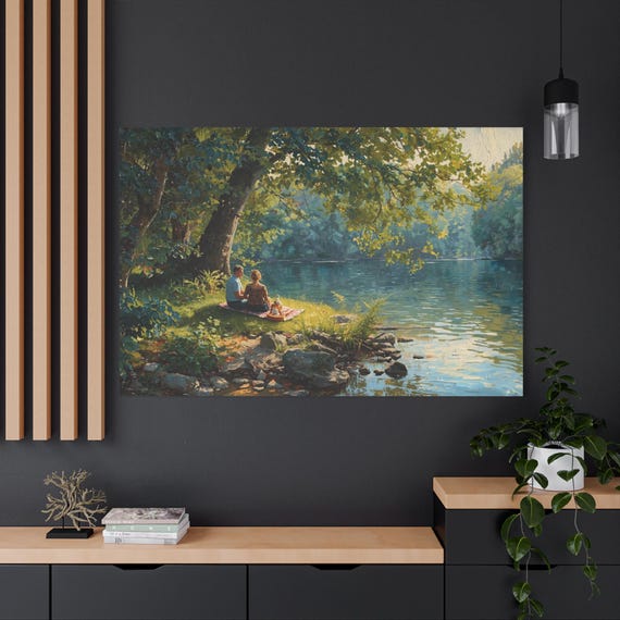 Afternoon Reverie Canvas Print, Landscape Art, Couple by Lake