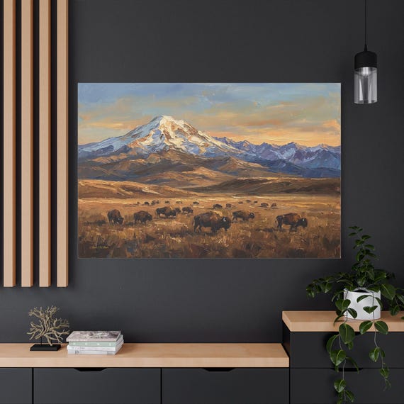 Bison Herd Canvas Print - Western Landscape Art - Impasto Mountain Print - Rustic Cabin Decor - American Buffalo - Yellowstone Wall Art