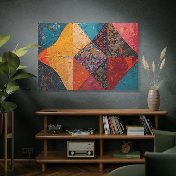 Moroccan Mosaic Impasto Canvas Print, Geometric Abstract Wall Art