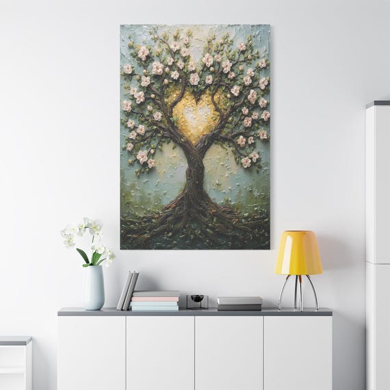 Growing Together Tree Canvas - Heart Shaped Tree Art - Wedding Gift for Couple - Anniversary Gift - Texture Print - Romantic Bedroom Decor