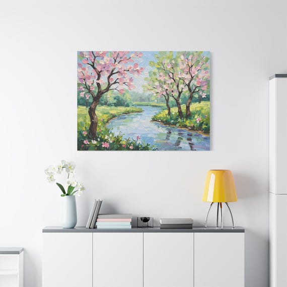 Spring River Landscape Canvas Print - Blooming Pink Trees Wall Art - Impasto Nature Print - Cottagecore Decor - Cherry Blossom Print