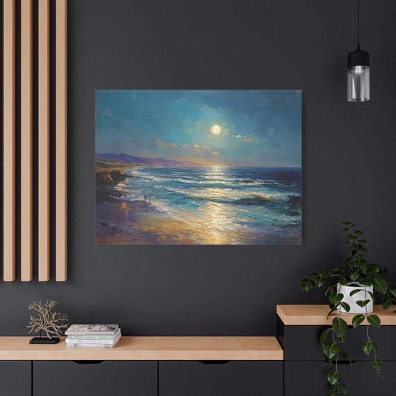 Moonlit Ocean Canvas Print - Impasto Beach Landscape Art - Coastal Wall Decor - Blue Seascape Canvas - Romantic Beach Walk - Night Sea