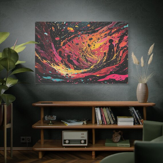 Cosmic Carnival, Abstract Cosmic Wave with Silhouettes, Matte Canvas Print, Vibrant Abstract Art, Figurative Abstract, Modern Expressionism.