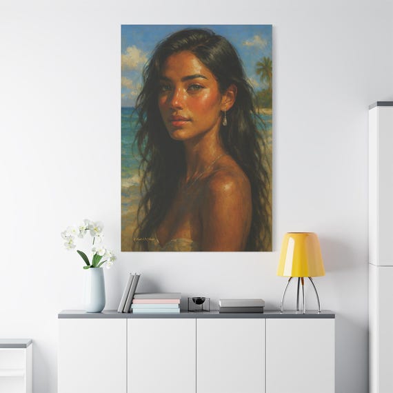 Golden Hour Beach Portrait Canvas - Sun-Kissed Ocean Girl Art - Coastal Wall Decor - Tropical Woman Print - Boho Beach House Print