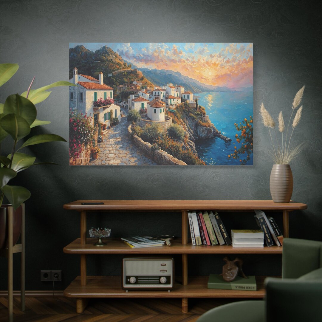 Mediterranean Coastal Village Canvas Print | Italian Riviera Sunset ...