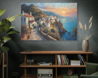 Impression sur toile de village côtier méditerranéen | Art mural coucher de soleil sur la Riviera italienne, paysage marin d'empâtements texturés | Décoration de voyage romantique | Vue sur l'océan