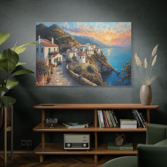 Mediterranean Coastal Village Canvas Print | Italian Riviera Sunset Wall Art, Textured Impasto Seascape | Romantic Travel Decor | Ocean View