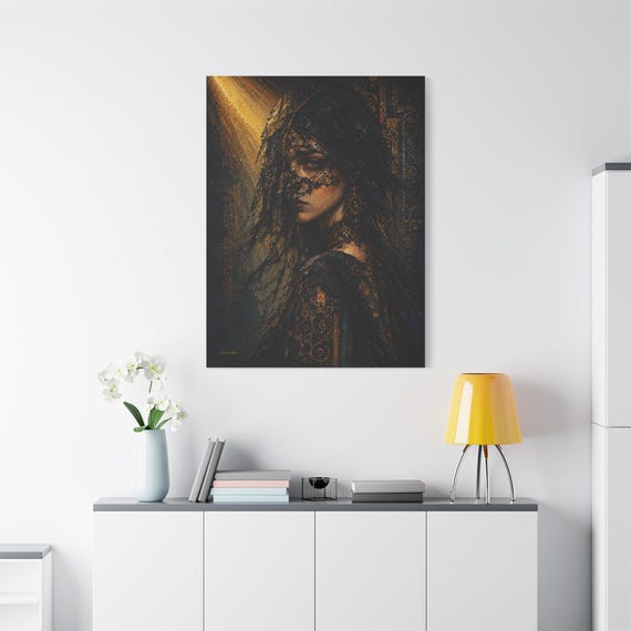 Gothic Lace Lady Canvas Print - Dark Academia Portrait Art - Moody Female Print - Victorian Goth Decor - Heavy Impasto Maximalist Wall Art