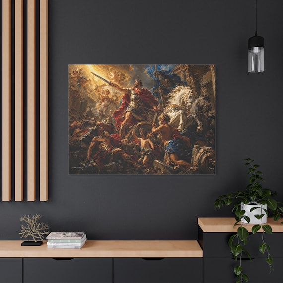 Epic Warrior Canvas Print - Classical Mythology Wall Art - Baroque Battle Canvas - Heroic Armor Decor - Heavy Impasto Historical Canvas