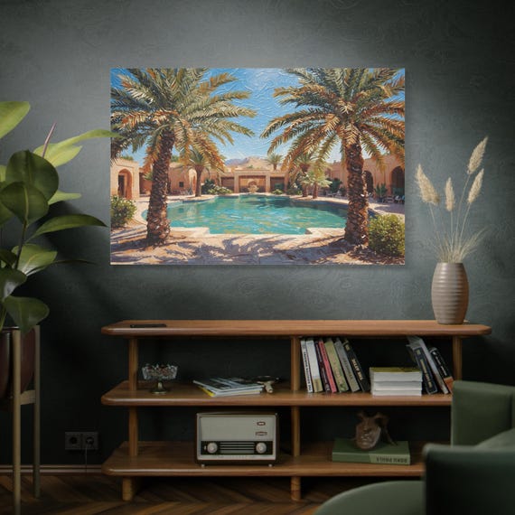 Luxury Moroccan Villa Canvas Print - Desert Oasis Pool Art - Impasto Style Palm Tree Painting - Resort Home Decor - Sunroom Wall Art