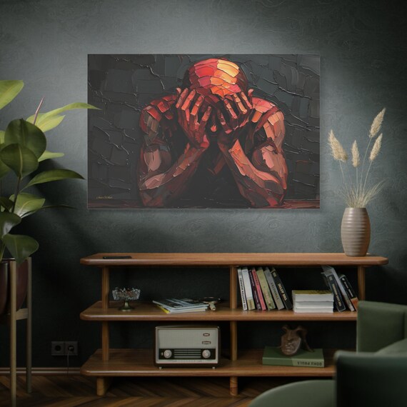 The Weight of Color, Man with Head in Hands Matte Canvas Print, Red and Black Decor, Gothic Wall Art, Emotional Art Print, Man in Despair.