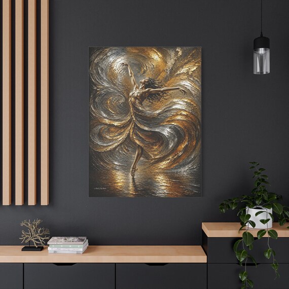 Abstract Gold Ballerina Canvas Print - Silver and Charcoal Impasto Wall Art - Swirling Dancer Decor - Elegant Figure Canvas-Modern Glam Art