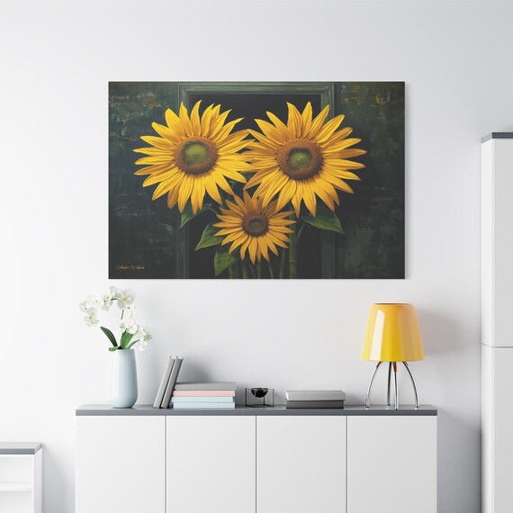Sunflower Canvas Print - Moody Botanical Wall Art - Yellow and Green Floral Decor - Rustic Farmhouse Kitchen Art - Dark Floral Print