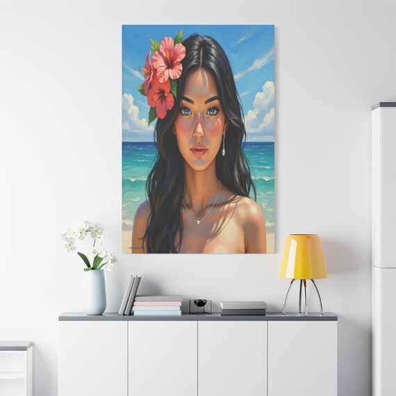 Tropical Island Girl Canvas - Ocean Beach Portrait Art - Hibiscus Flower Print - Coastal Wall Decor - Summer Vibe Print - Beach House Art