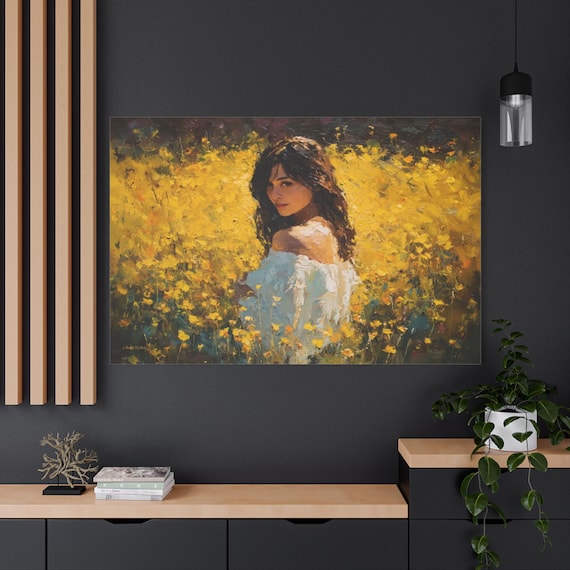 Golden Summer Meadow Canvas - Impressionist Woman Portrait - Impasto Yellow Floral Art - Romantic Cottagecore Decor - Sun-Kissed Wall Art