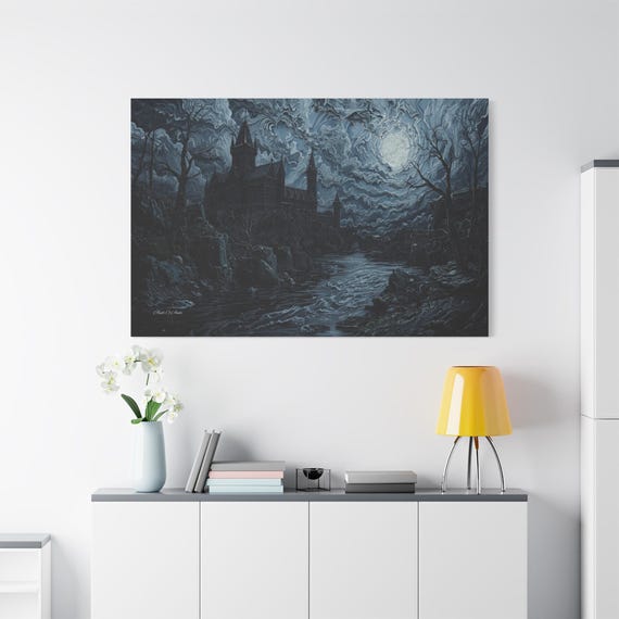 Gothic Castle Canvas Print - Haunted Mansion - Impasto Moonlight Print - Dark Fantasy Wall Decor - Spooky Landscape - Midnight Blue Art