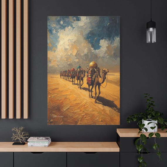 The Wandering Library Canvas Print, Camels Carrying Books Art - Impasto Desert Print - Librarian Gift - Book Lover Wall Decor, Whimsical Art