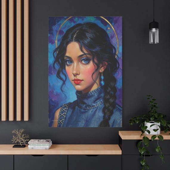 Indigo Muse, Woman Portrait, Gold Leaf Art, Denim Fashion Art, Neo Classical  Expressive Canvas Print, Moody Wall Art, Dark Blue Decor.