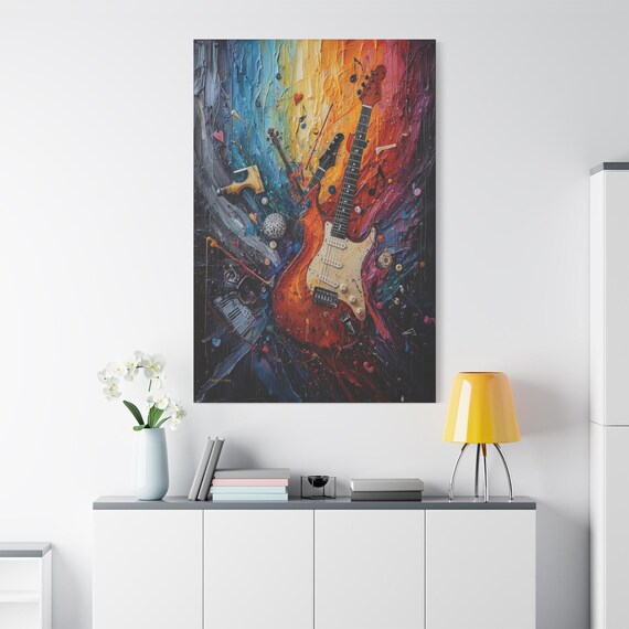 Electric Guitar Canvas Print - Colorful Music Wall Art - Impasto Rock Instrument Painting - Musician Studio Decor - Vibrant Pop Art Gift